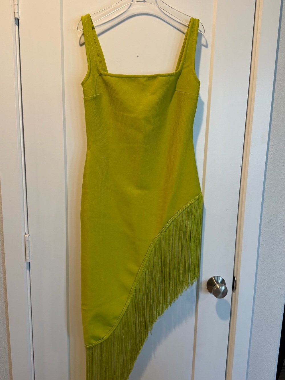AKIRA Neon Lime Asymmetrical Fringe Mini Dress - Picture 4 of 5
